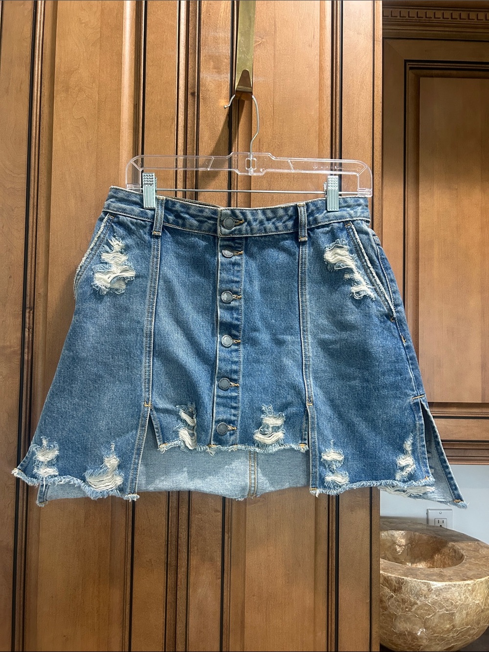 Carmar Distressed Button-Front Denim Mini Skirt - Blue